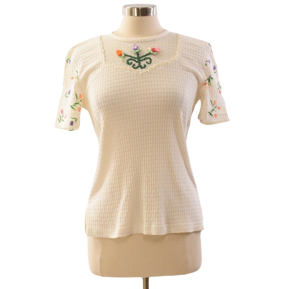 90s Lacy Afternoon White Floral Ribbon Knit Scoop Neck Top S USA